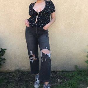 black blouse with blue flowers